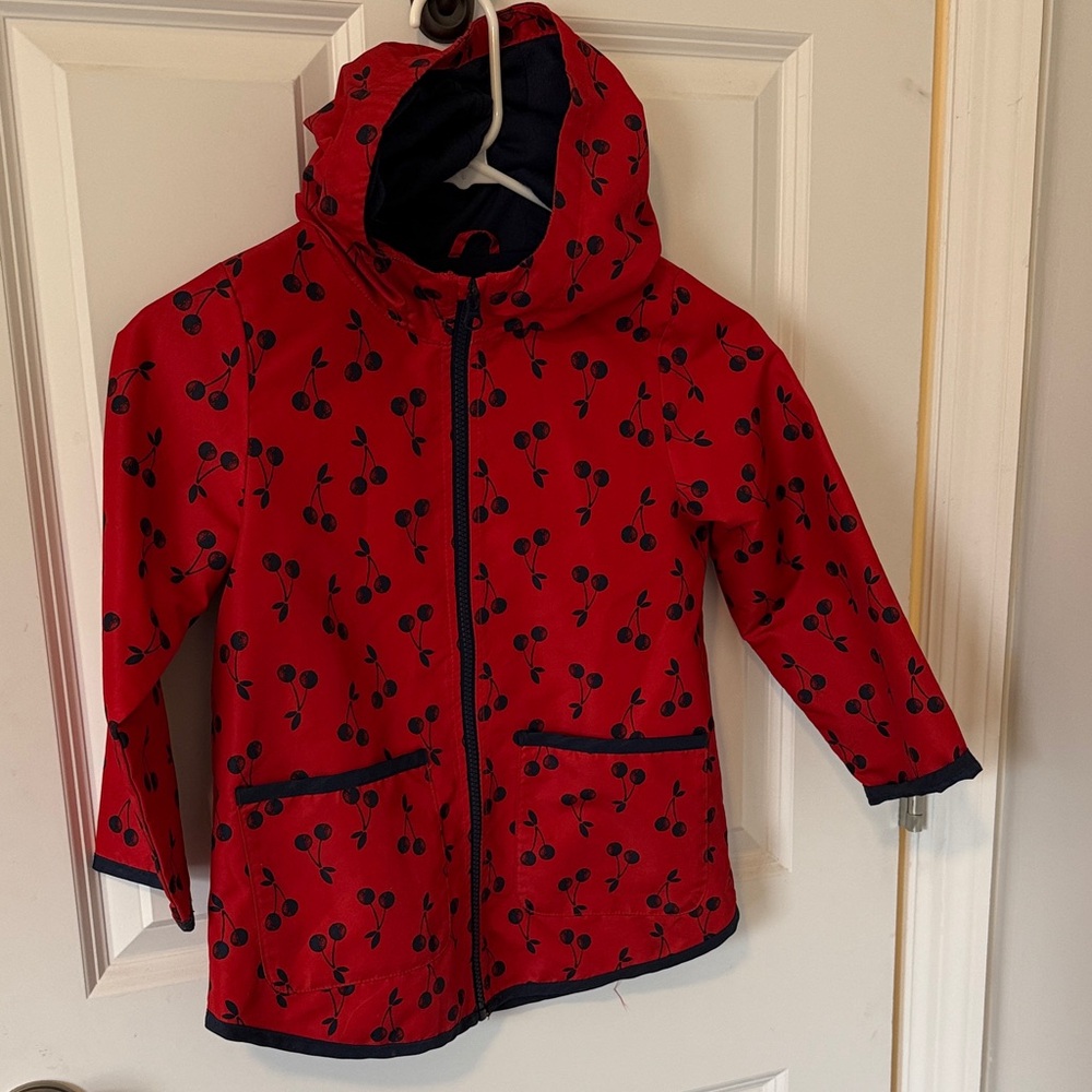 Kids Red Cherry Print Hooded Rain Jacket